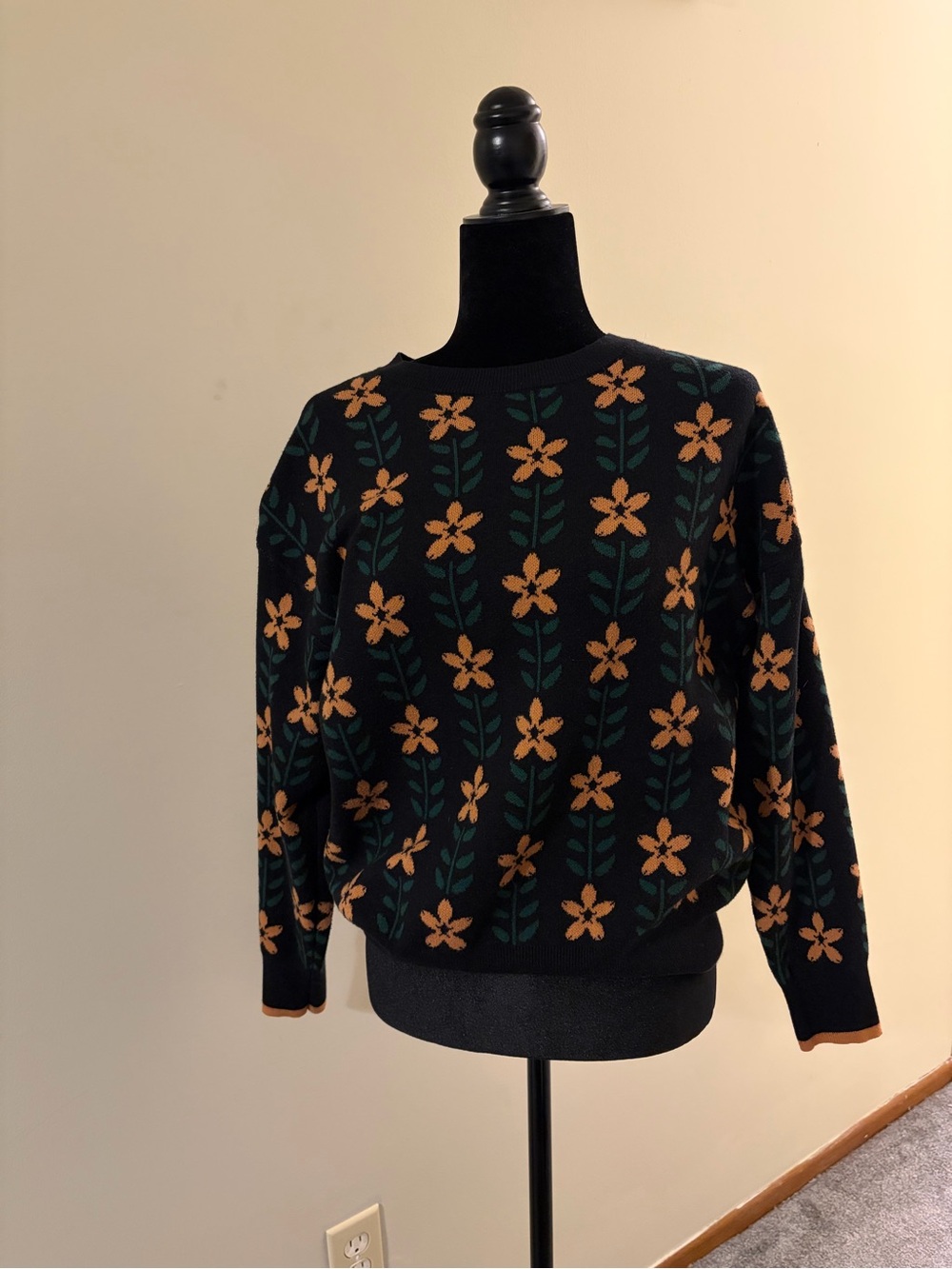 Black Floral Crewneck Sweater with Mustard Flowers